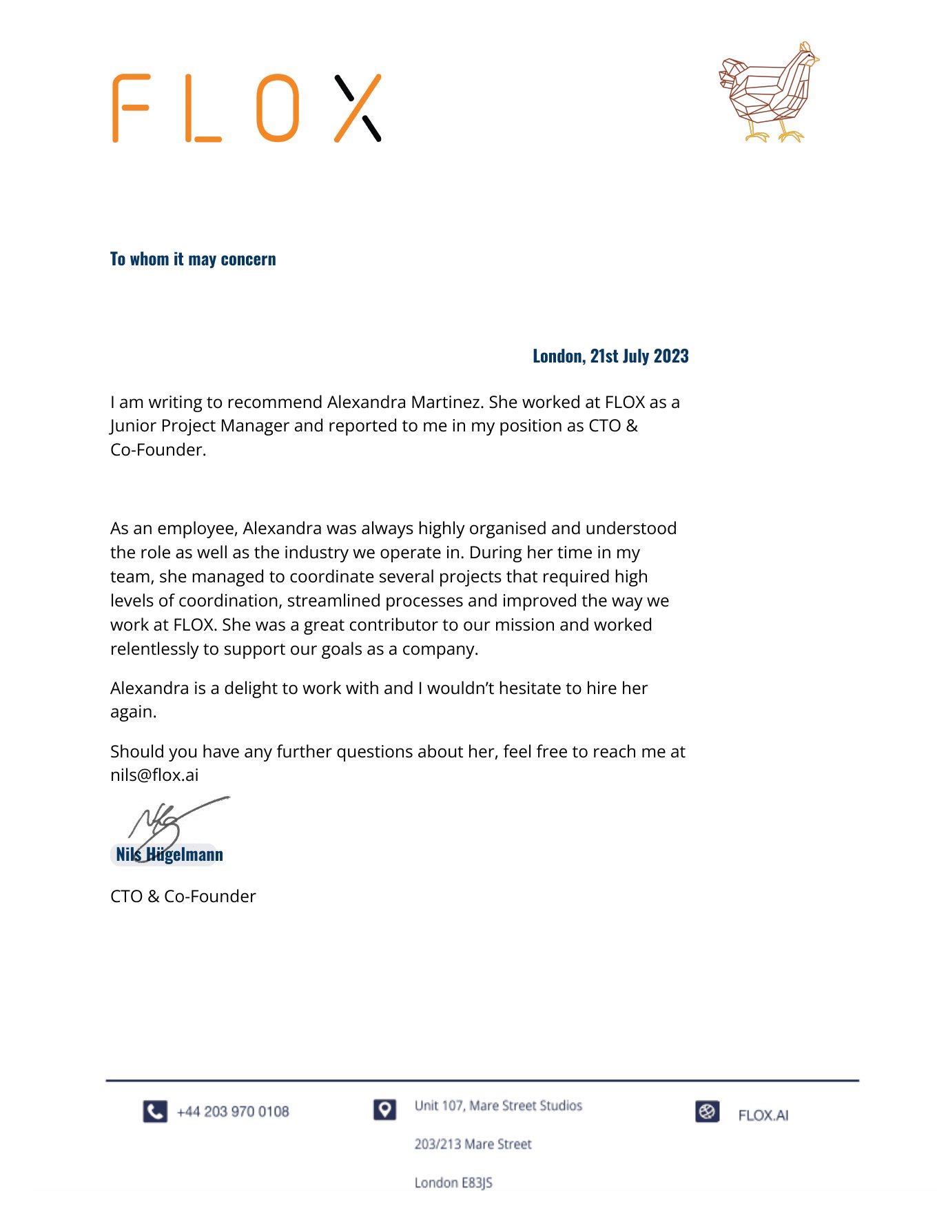 Reference letter from Nils Hügelmann, CTO and Co-founder of Flox, 21 July 2023