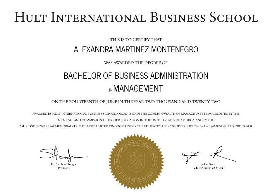 Hult International Business School diploma, Alexandra Martinez Montenegro
