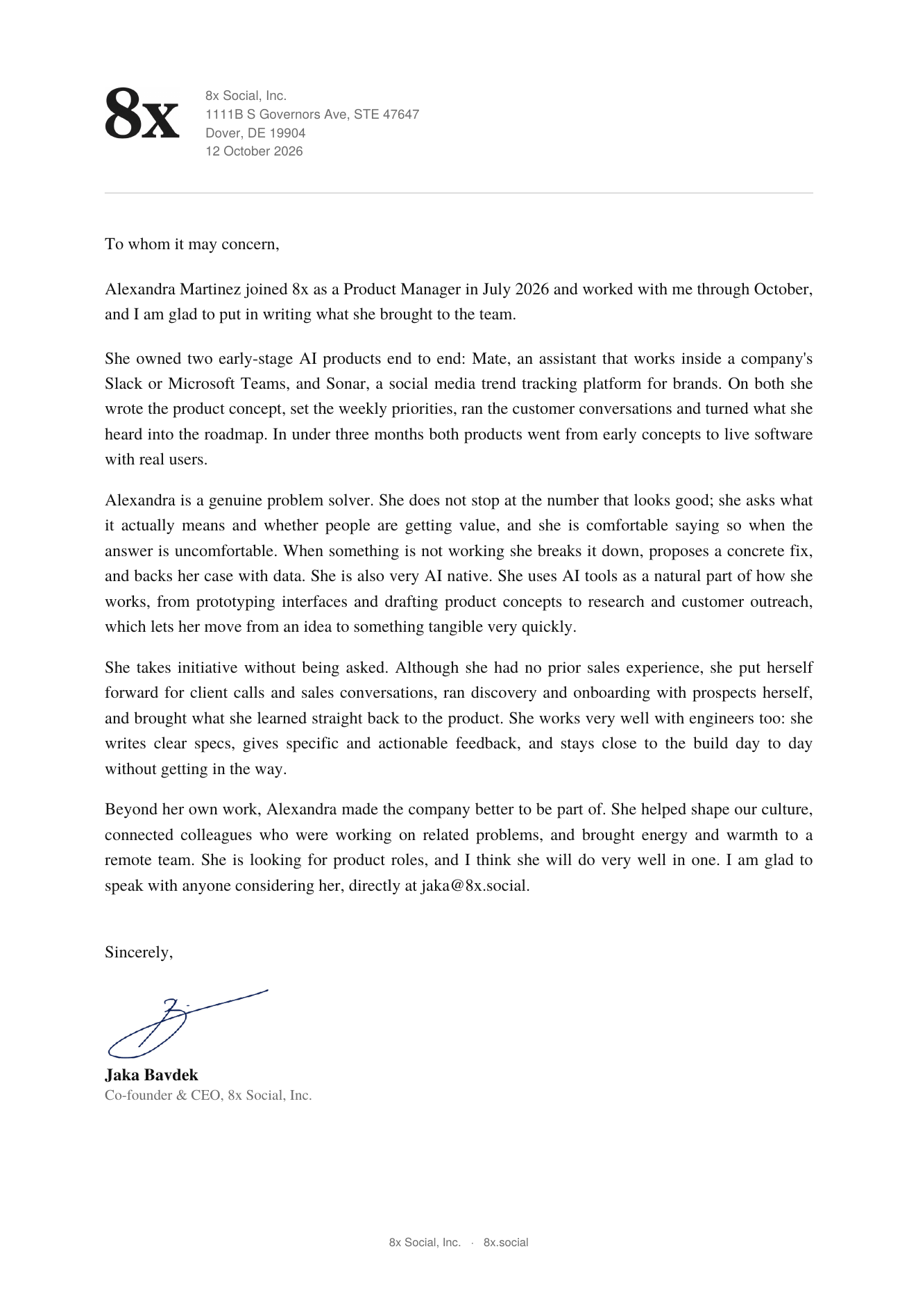 Reference letter from Jaka Bavdek, Co-founder and CEO of 8x Social, Inc., 12 October 2026